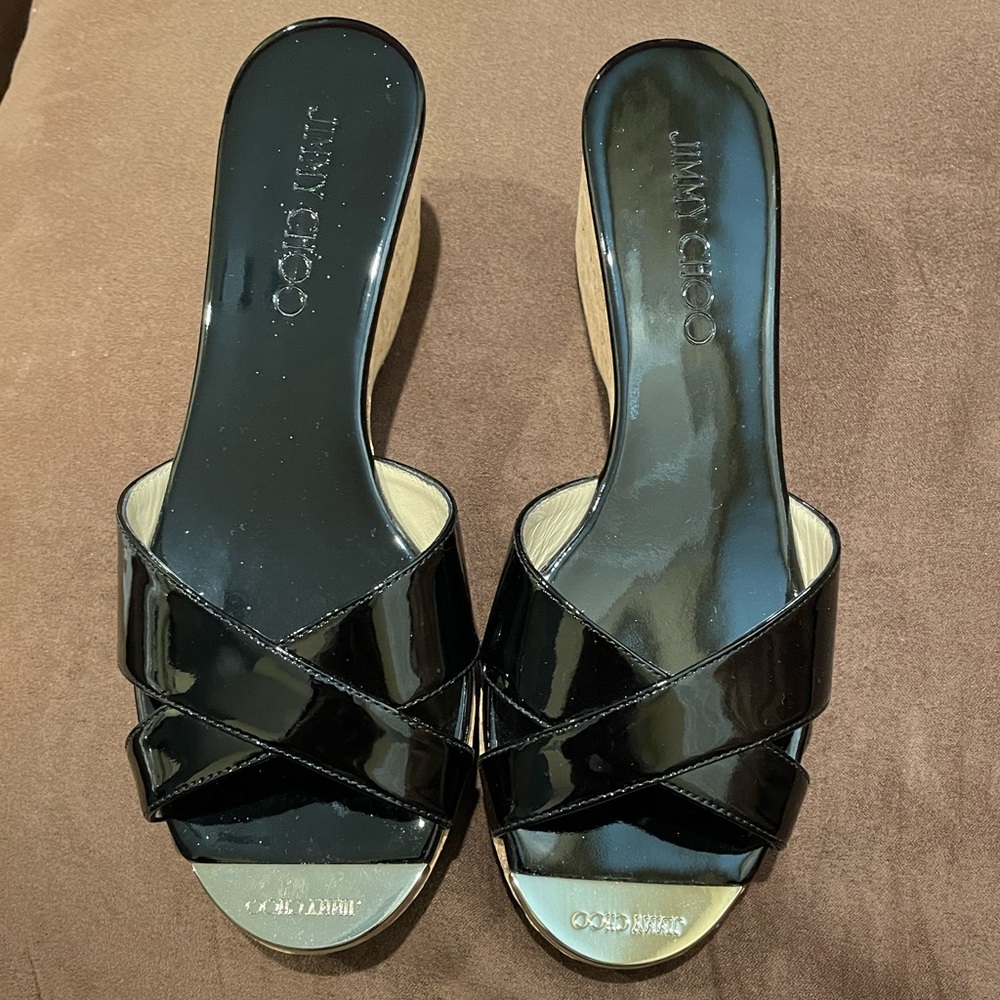 NEW Jimmy Choo Prima Black Patent Leather Wedge Sandals - NEVER WORN!